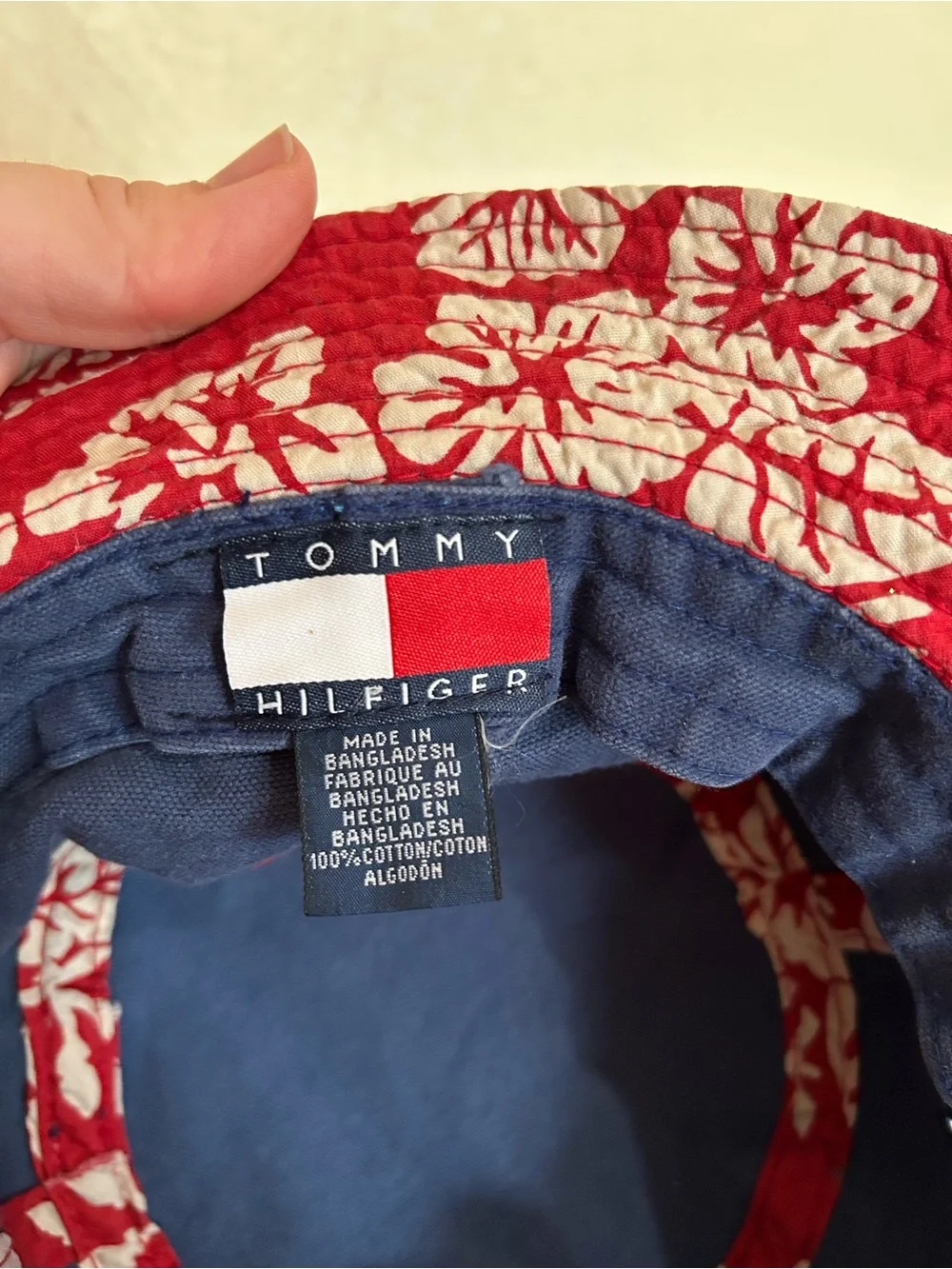 Vintage Tommy Hilfiger Kids Navy Bucket Hat with Red Patterned Band